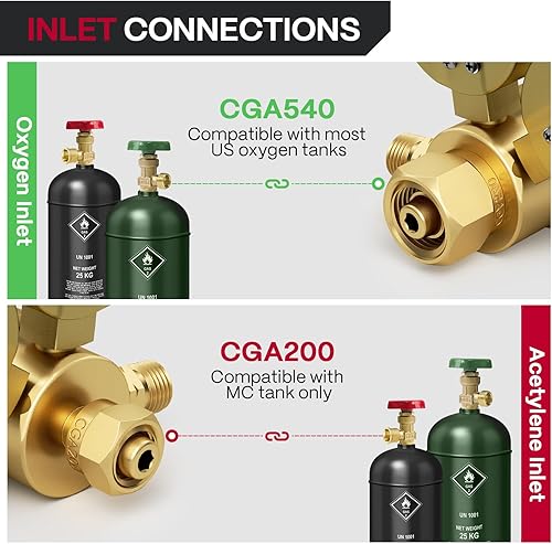 Miniatura 3 de ARCCAPTAIN Juego de reguladores de acetileno de oxígeno pequeño, CGA 540 y CGA 200 para rosca de salida de 916"-18 manguera de tamaño B y manguera