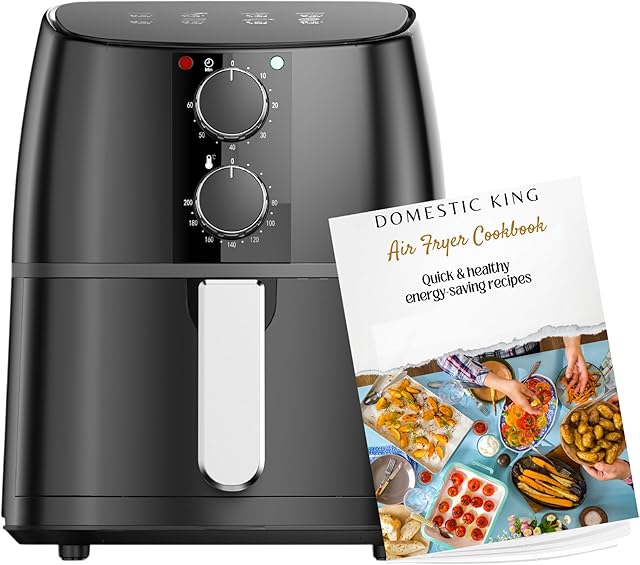 Domestic King 4L Air Fryer With Recipe Book, Large 4L Oil Free Air Fryer for Home Use, Timer & Temperature Control, Non-stick Basket & Trivet Tray