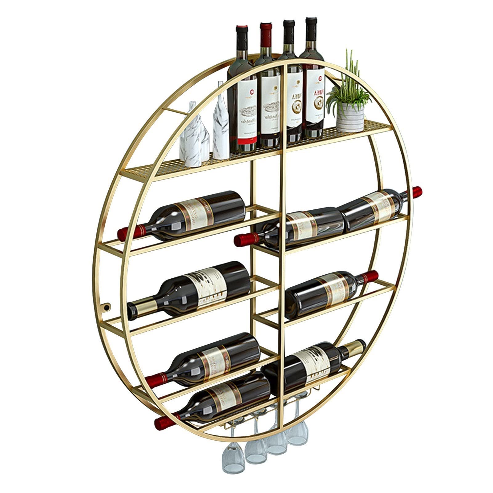 Casier à vin rond mural en métal avec porte-gobelets et étagère flottante de bar