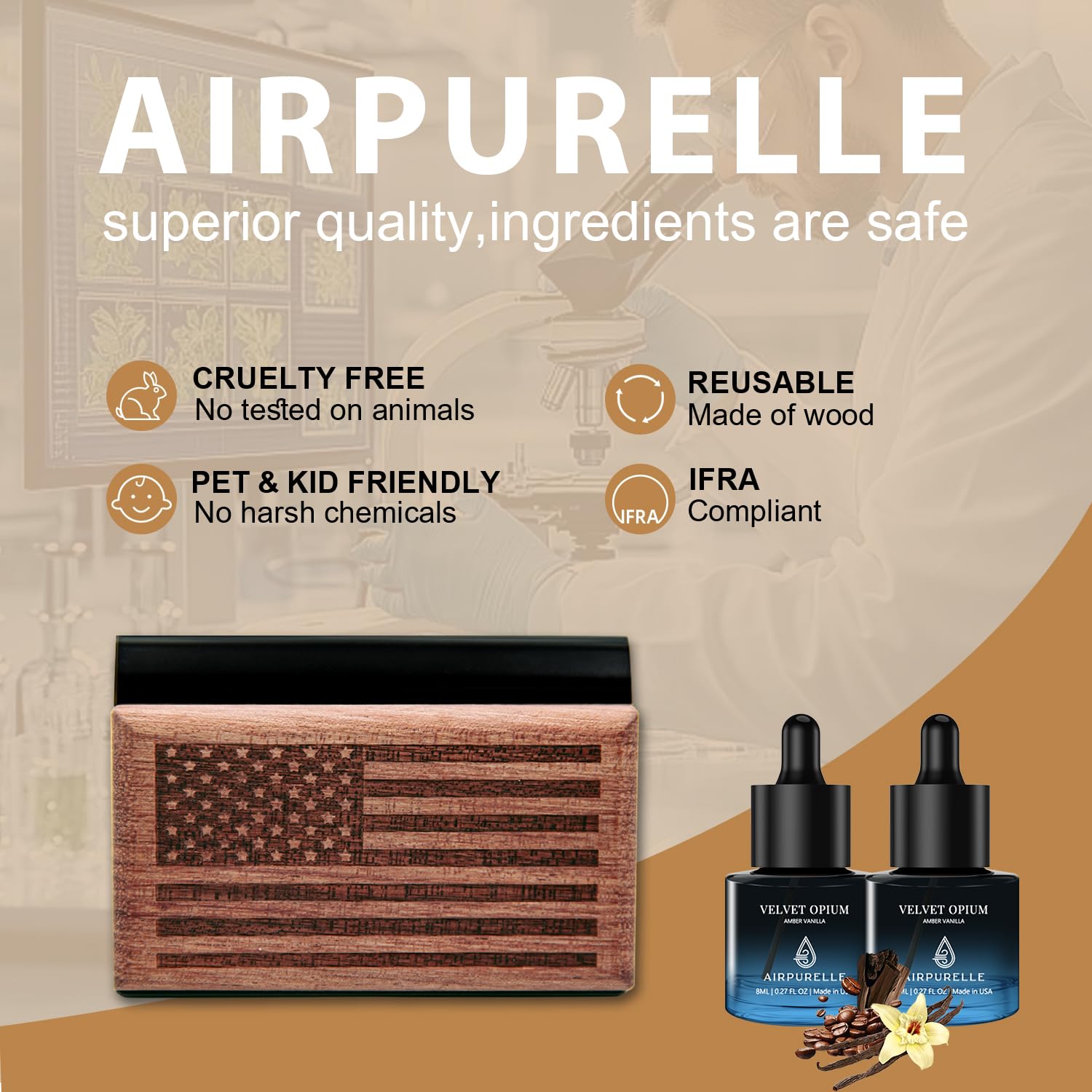 AirPurelle Ambientador de coche para hombre, más de 90 días, ambientador de coche de larga duración, ambientador de madera con aroma a vainilla ámbar, incluye 2 recambios de aceite esencial de 8 ml,