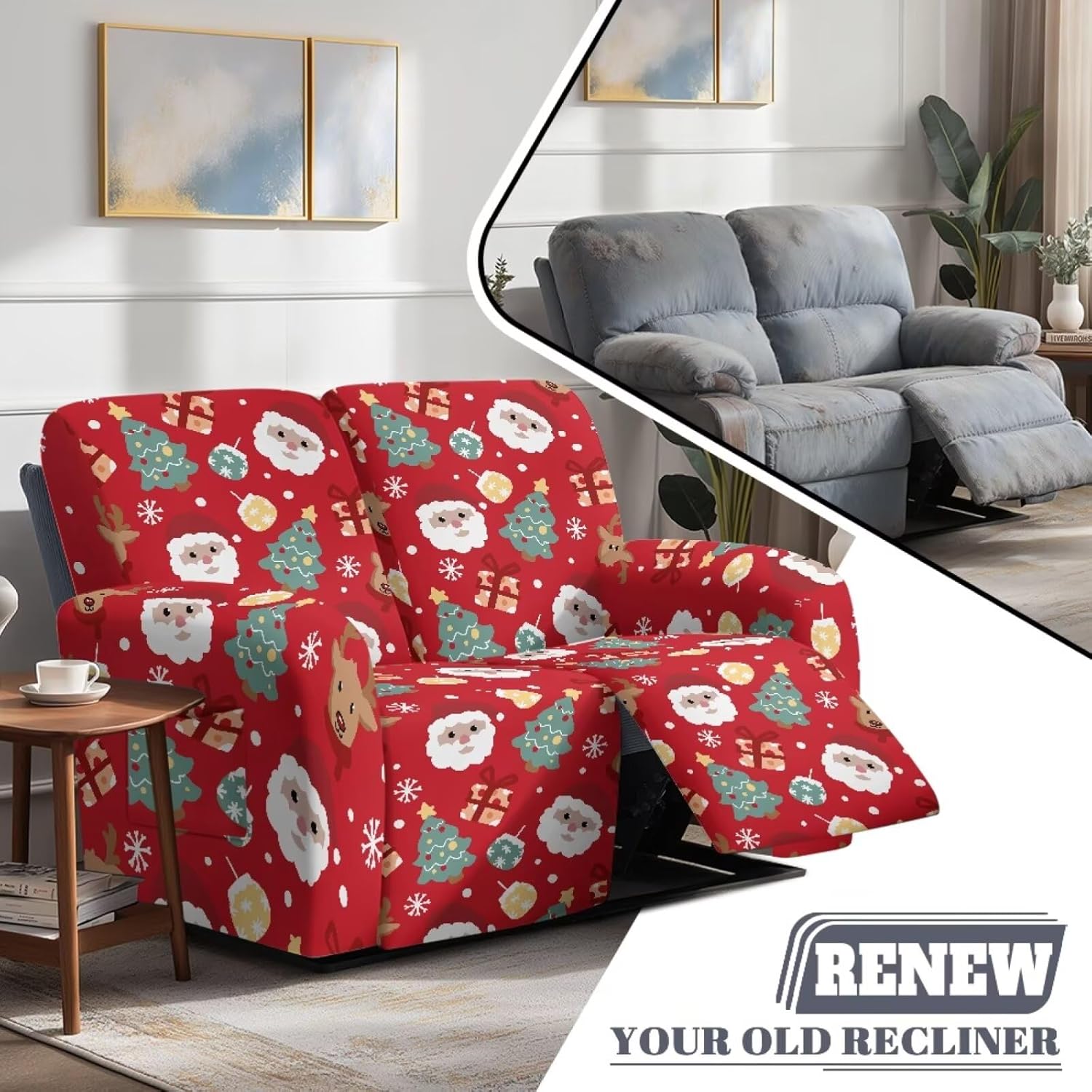 Santa Claus Christmas Tree Print Loveseat Recliner Covers for 2 Seat Sofa, Soft Reclining Love Seat Slipcover, 6-Piece Stretch Reclining Sofa Covers for Christmas Decor