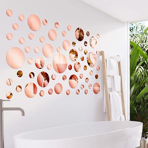 Miniatura 6 de 60 calcomanías de pared de espejo acrílico, calcomanías redondas adhesivas para el hogar, baño, dormitorio, espejo de oro rosa, papel tapiz de