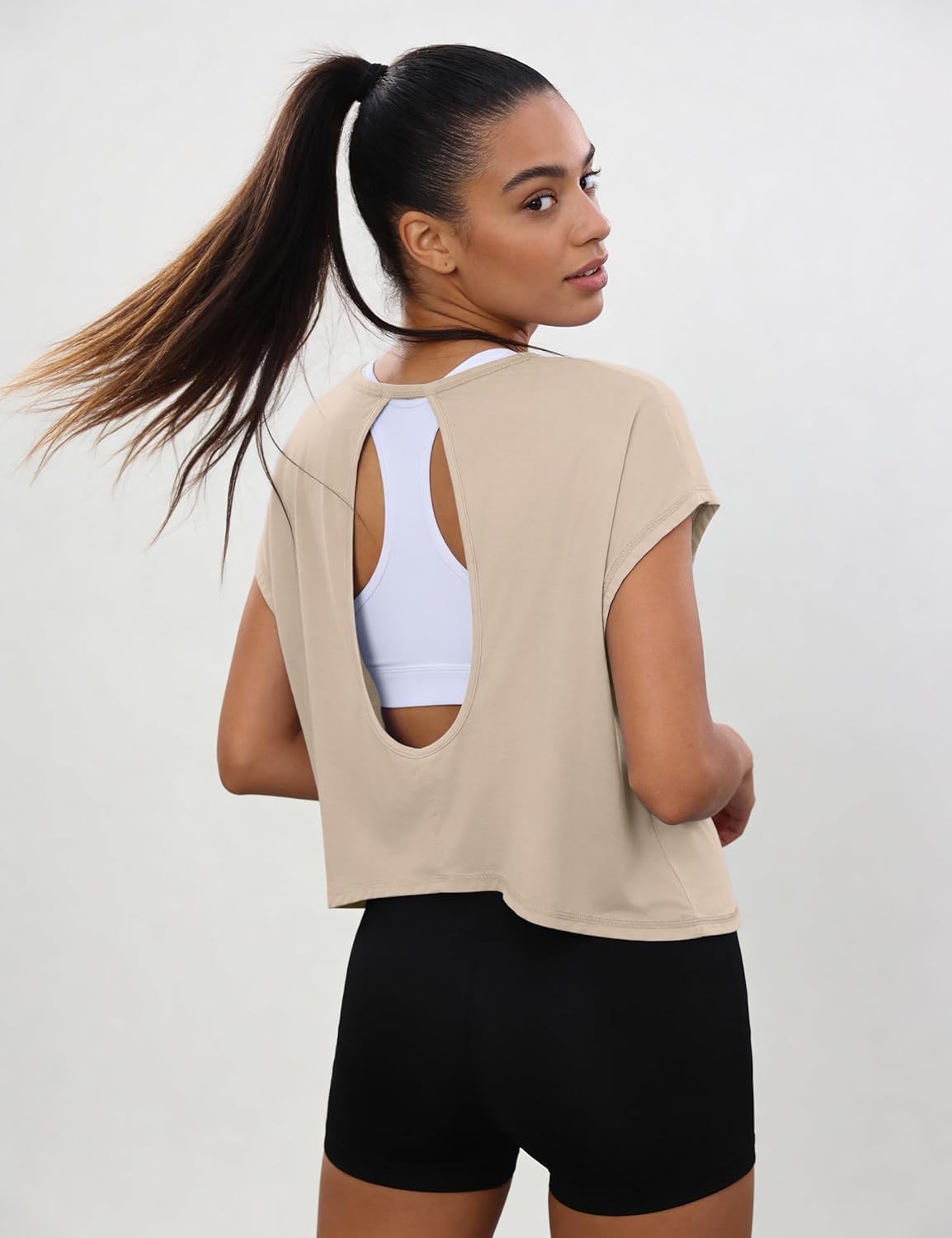 Totatuit Womens Open Back Workout Tops Oversized Crop Gym Shirts Loose Fit Short Sleeve Athletic Tee for Running Yoga - Image 2