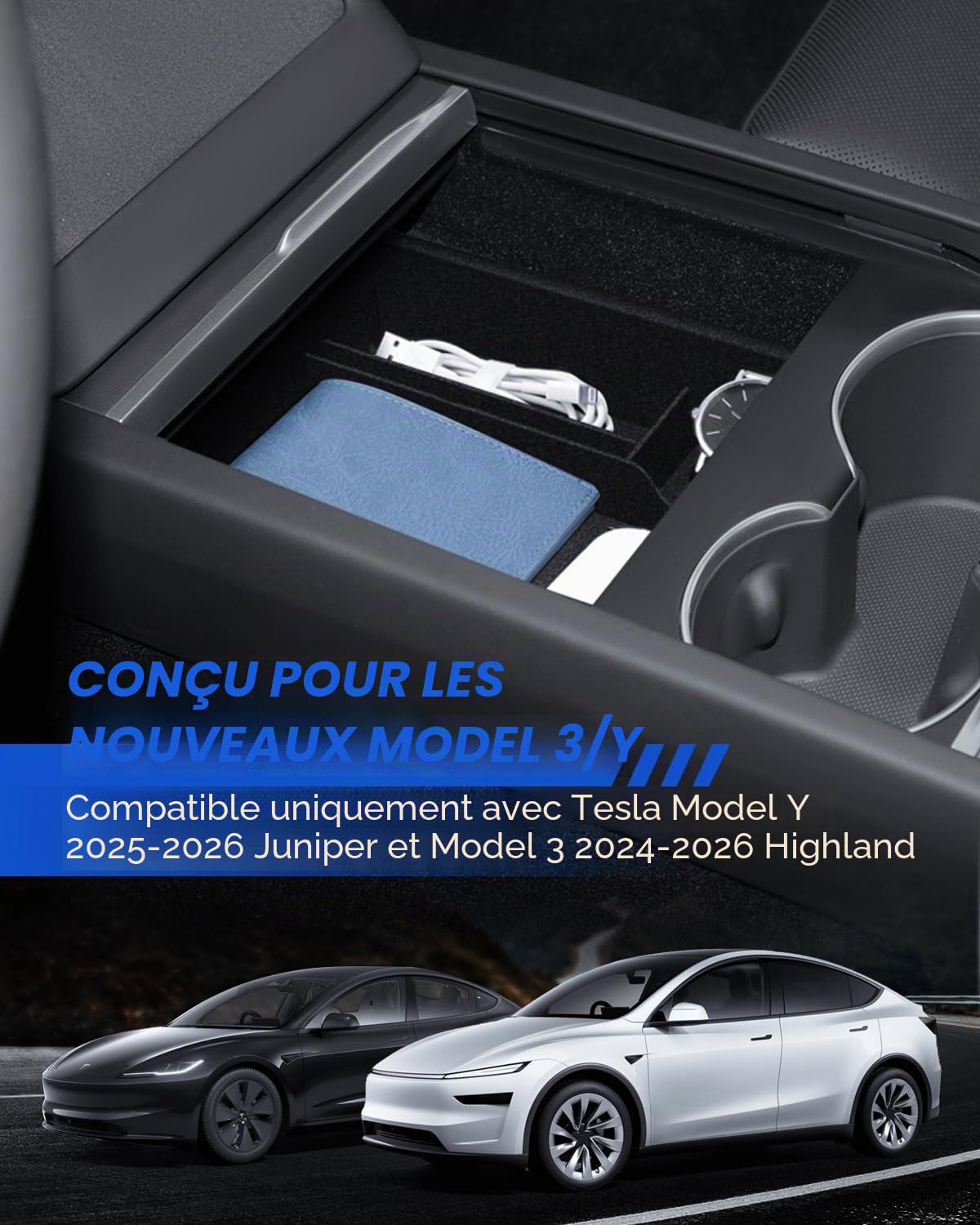 Organisateur de Console Centrale pour Tesla Model Y 2025-2026 et Model 3 2024-2026 Boîte de Rangement avec Matériau Flocké Haut de Gamme Tesla Juniper Highland Accessoires