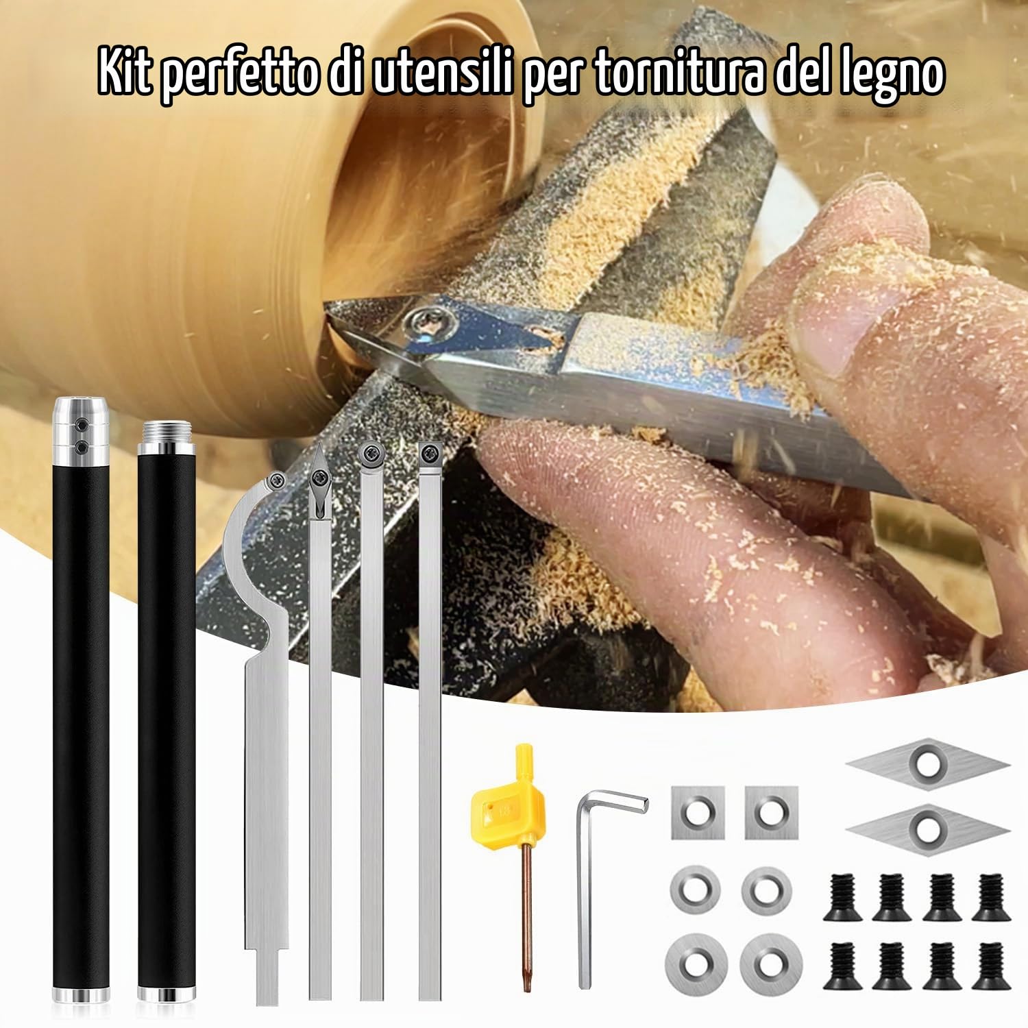 Set di 25 Accessori per Utensili,Tornio per la Lavorazione del Legno in Metallo, Tornitura di Acciaio Legato Inclusa Fresa a Collo d'oca/Fresa Quadrata/Fresa Diamantata/Utensile per Tornitura Rotonda