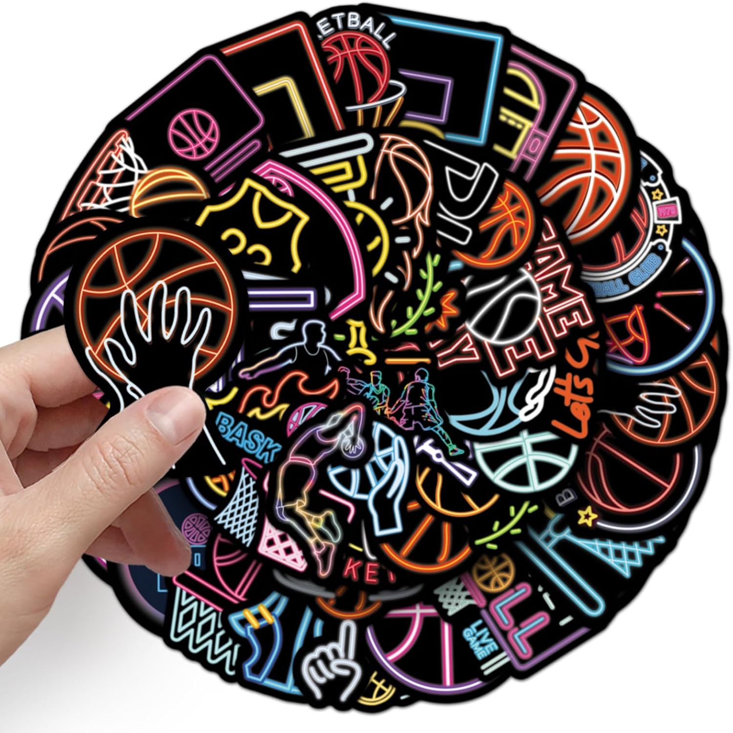 50PCS Sports Theme Party Stickers for Party Supplies Phone Case Car Water Bottle Journal Scrapbook Computer Guitar Bumper Skateboard,Neon Basketball Waterproof Decals for Teenagers Adults Boys image 2