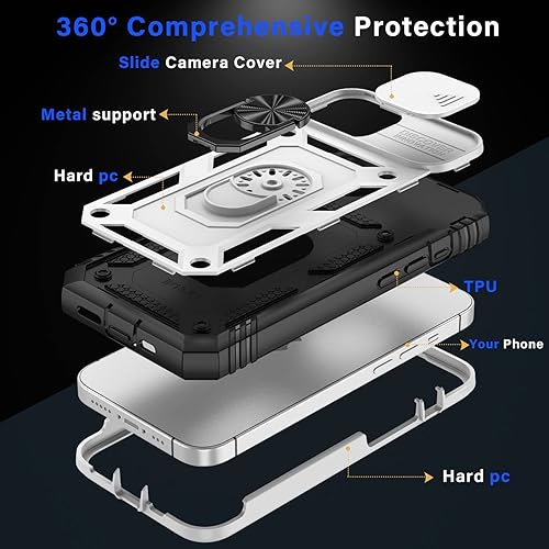 Miniatura 4 de PASNEW Funda para iPhone 14 con soporte, funda para cámara deslizante de cuerpo completo, carcasa rígida militar, carcasa rígida a prueba de golpes,