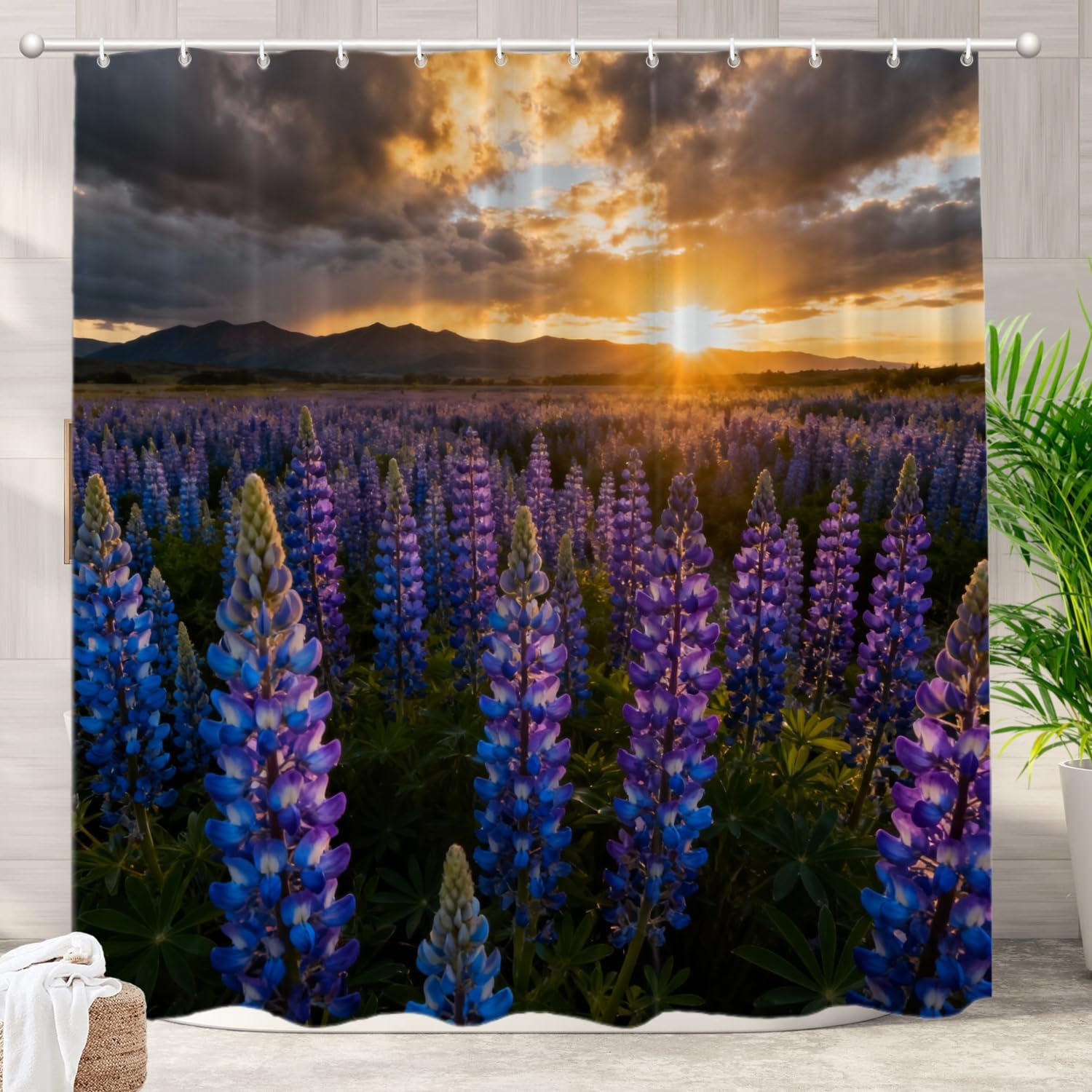 Batmerry Texas Sunset Landscape Decorative Shower Curtain, Wildflowers Bluebonnets Cute Long Wide Shower Curtain with Rust Proof Grommets for Bathroom Farmhouse Waterproof Washable