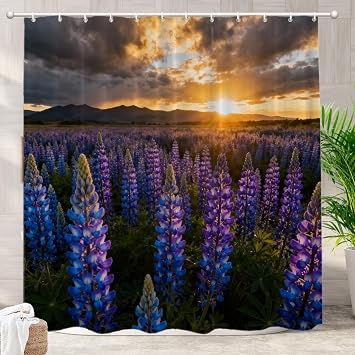Batmerry Texas Sunset Landscape Decorative Shower Curtain, Wildflowers Bluebonnets Cute Long Wide Shower Curtain with Rust Proof Grommets for Bathroom Farmhouse Waterproof Washable