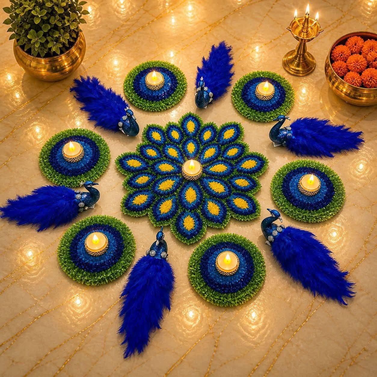 Morpankh Rangoli Combo Set with Large Centre Mat | Decorative Peacock Design Rangoli Set with T-Light Candle Holders & Wax Candles | Festival Home Decor, Diwali Decoration Item, Puja-image-38