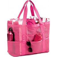 JOYPICKS Large Mesh Beach Tote Bag w/ 8 Exterior Pockets & Interior Zipper Pocket (Red)