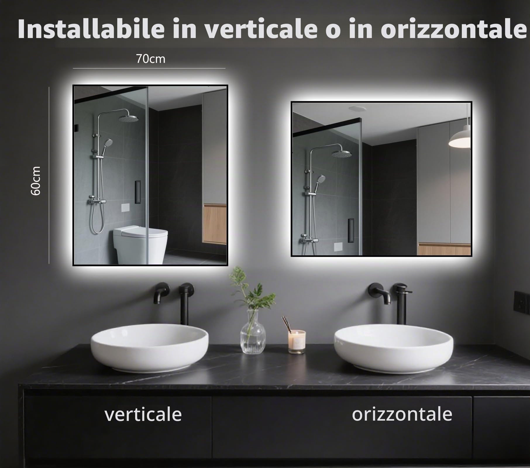Specchio Bagno con Luce LED 60x70 cm,Retroilluminato Bagno,Bianco 6500K,IP54,Rettangolare,Orizzontale/Verticale,Ingresso moderno,Camera da, Armadio