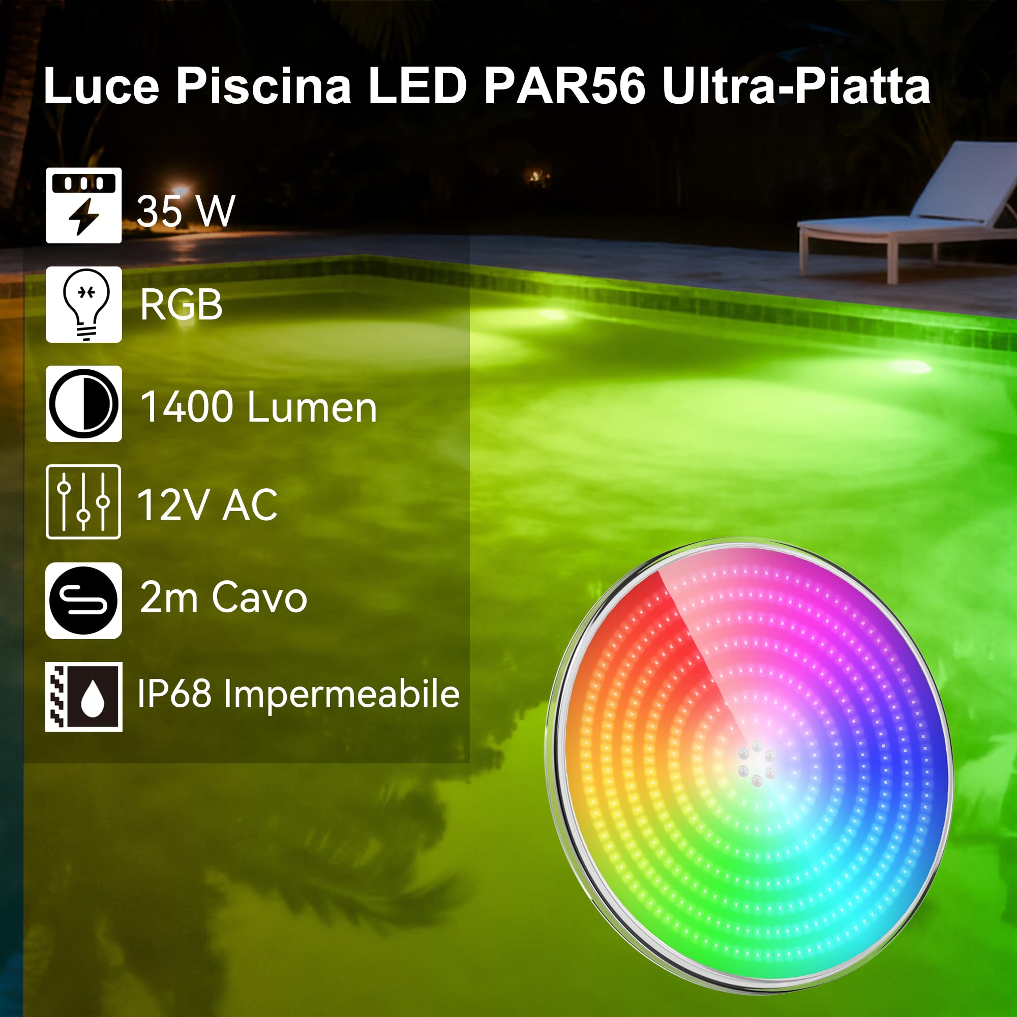 LyLmLe Luce Piscina LED Riempito di Resina, 35W PAR56 Lampada LED Sincronizzato Multicolore RGB Illuminazione, 140° angolo del fascio, IP68 Impermeabile, 12V AC(Non includere controller)