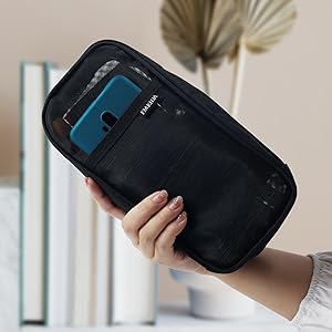 Fmeida Grid Mesh Pencil Case - Upgraded 4 Compartment Pencil Pouch, Clear Adult Pencil Bag Aesthetic Marker Pouch Stationary Bag Office Organizer for College Business Travel - Black