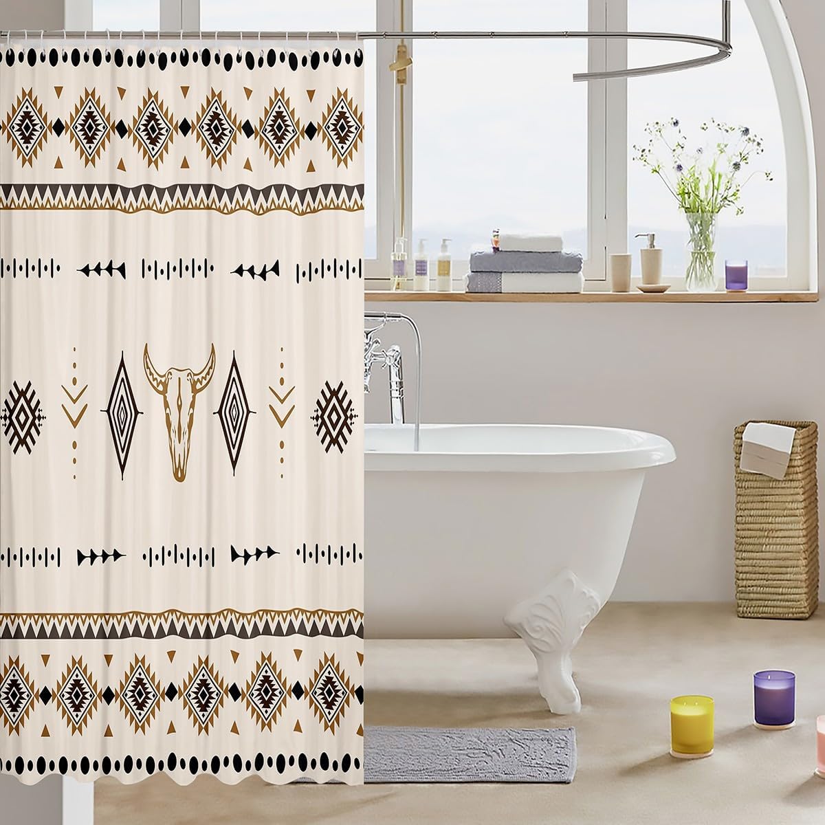 Erosebridal Bull Skull 72 X 78 Inch Shower Curtain, Western Cowboy Bath Curtain for Bathroom, Southwestern Native Bathroom Accessories, Boho Aztec Ethnic Horns Fabric Shower Curtains