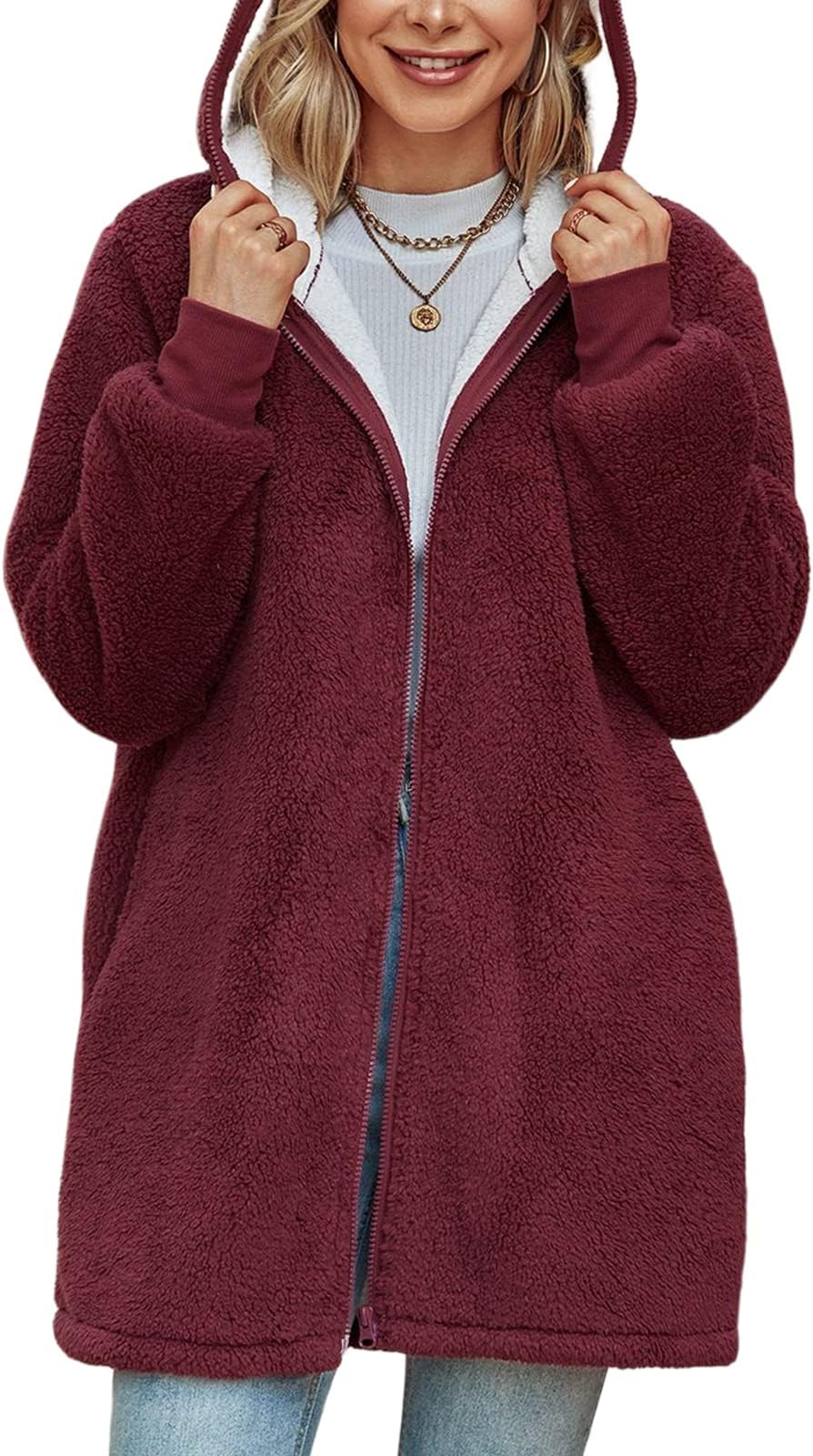 Women Oversized Hoodie Teddy Fleece Winter Coats Cardigan Full Zip Up Hooded Long Sleeve Warm Coat Sherpa Outwear with Pockets Ladies Fuzzy Solid Tops