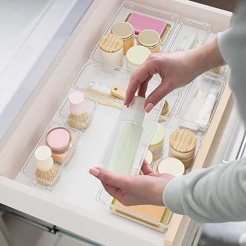 Miniatura 2 de Juego de 15 organizadores de cajones de plástico transparente, bandejas de almacenamiento de cajones de acrílico de 4 tamaños, contenedores de