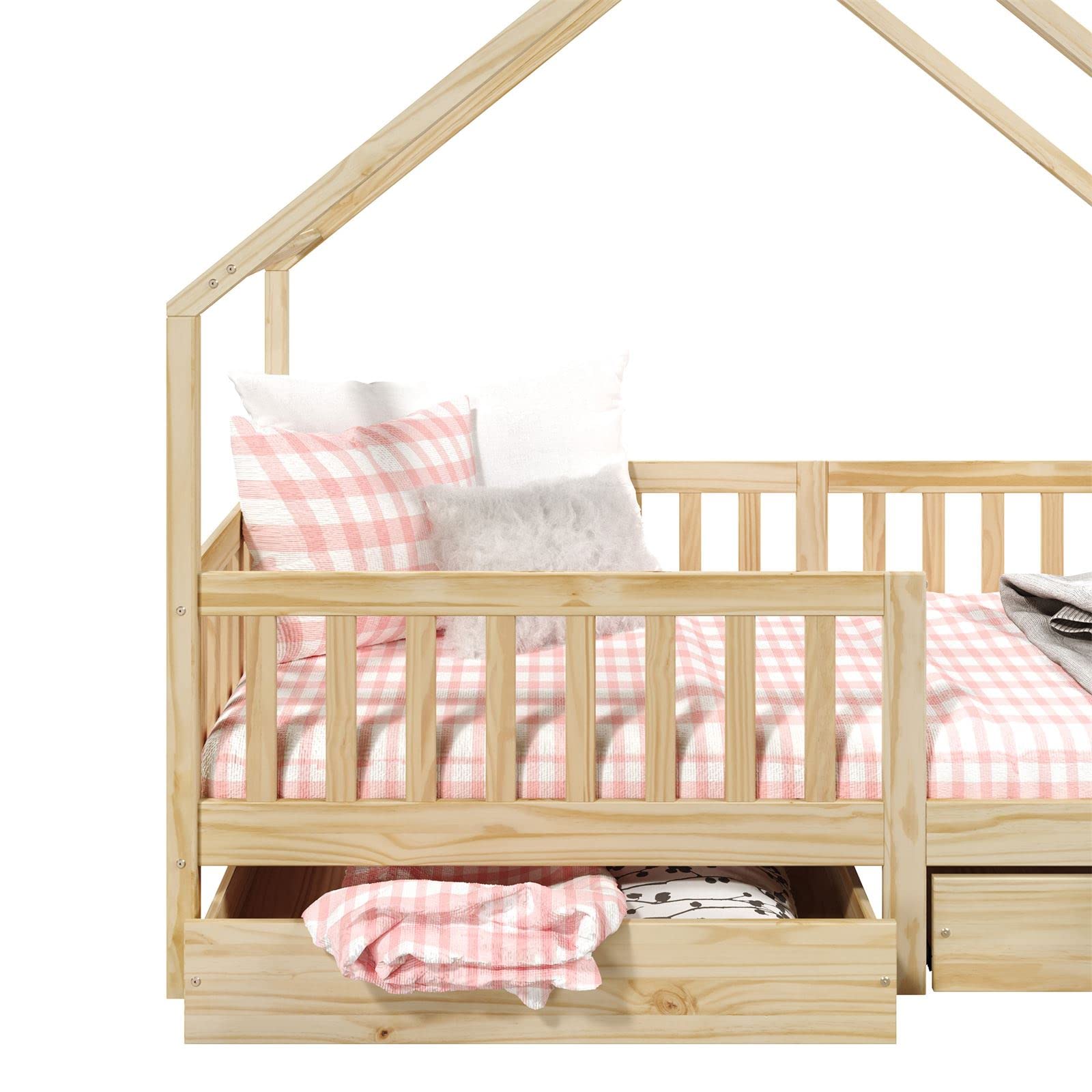 IDIMEX Hausbett ALVA aus Kiefer Massivholz, Natur - Kinderbett mit Dach, Tipibett mit Schubladen, Kinderzimmer Bett, Bodennahes Bett Montessori, ideal für Dachschrägen