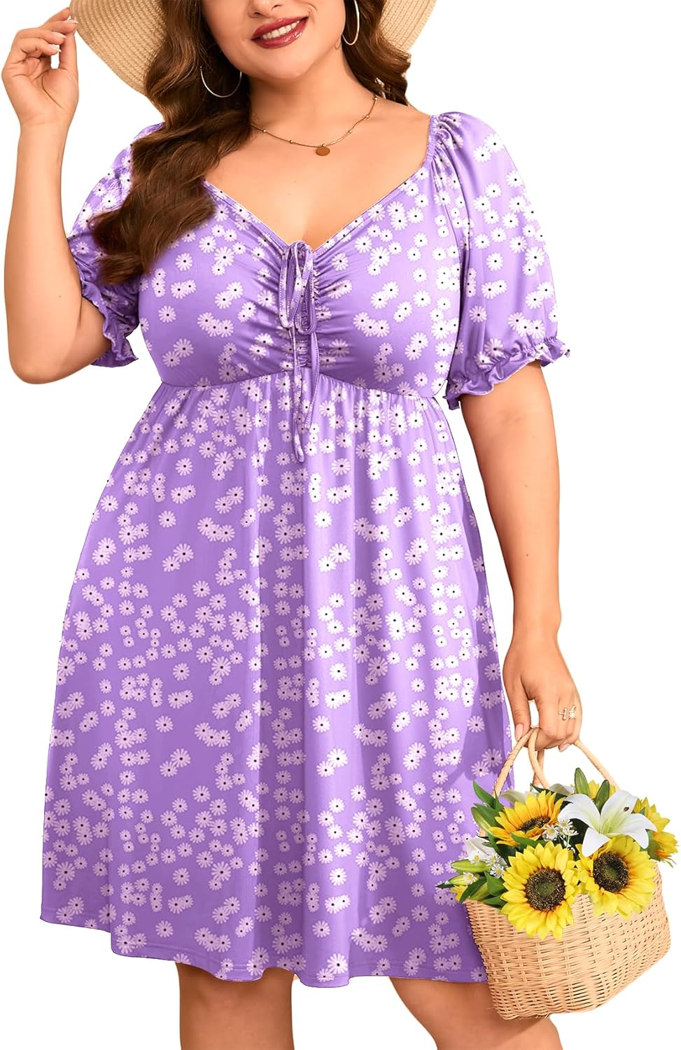 ZOMVA 2025 Plus Size Dress for Curvy Women Tie Front Sweetheart Neck Puff Short Sleeve Swing A Line Midi