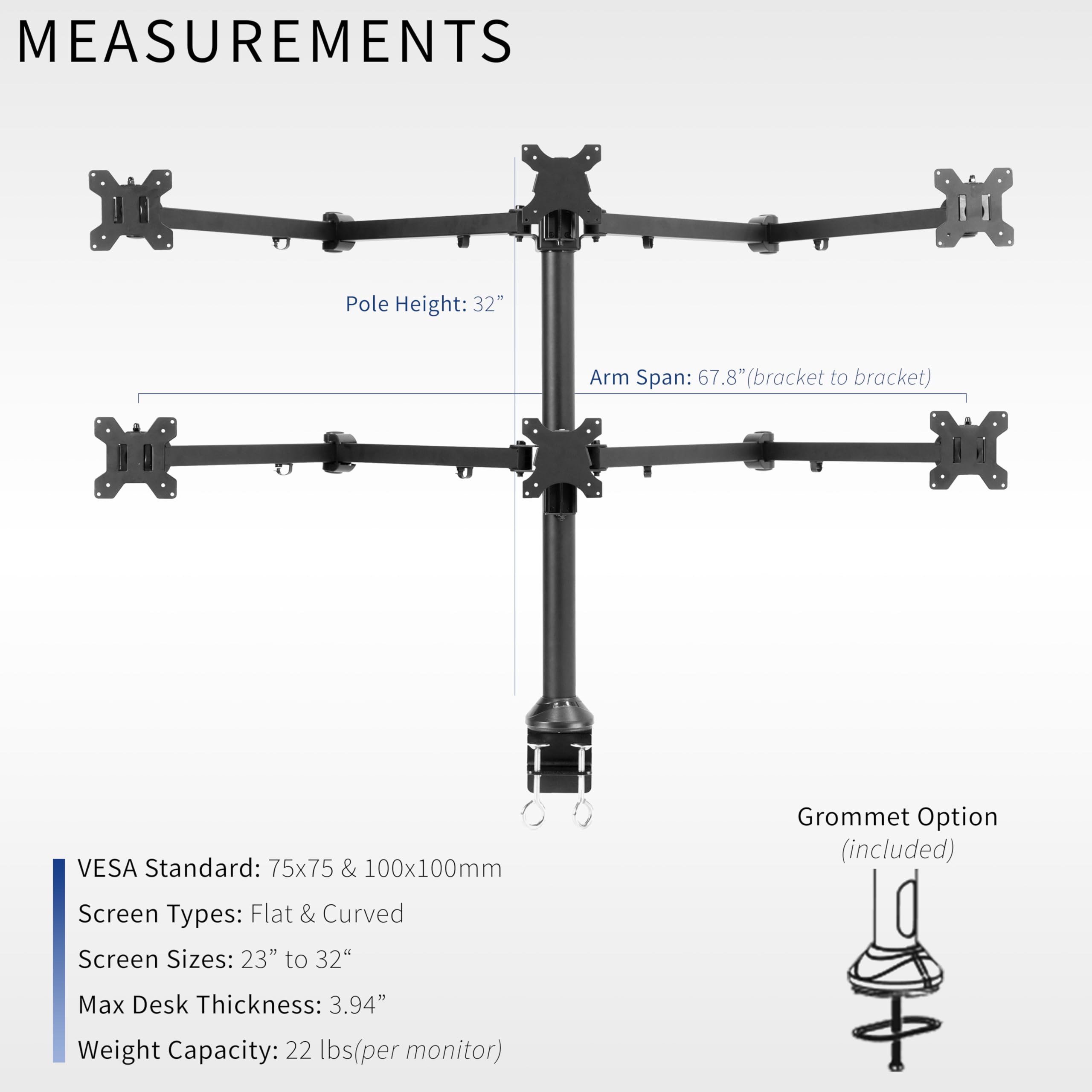 Support D'écran Réglable Duronic DM451X3 - Bras Simple Pour Moniteur 13-27 Pouces | VESA 75/100 | Pince Bureau Ou Fixation Grommet