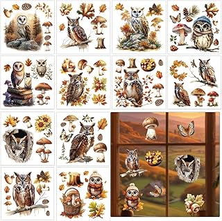 12pcs Owl and Autumn Plant Rub on Transfers for Crafts and Furniture Full Theme Transfer Stickers for Wood Furniture Glass Porcelain Fabric 5.51 x 5.51 inches DIY Home Decor Craft Supplies