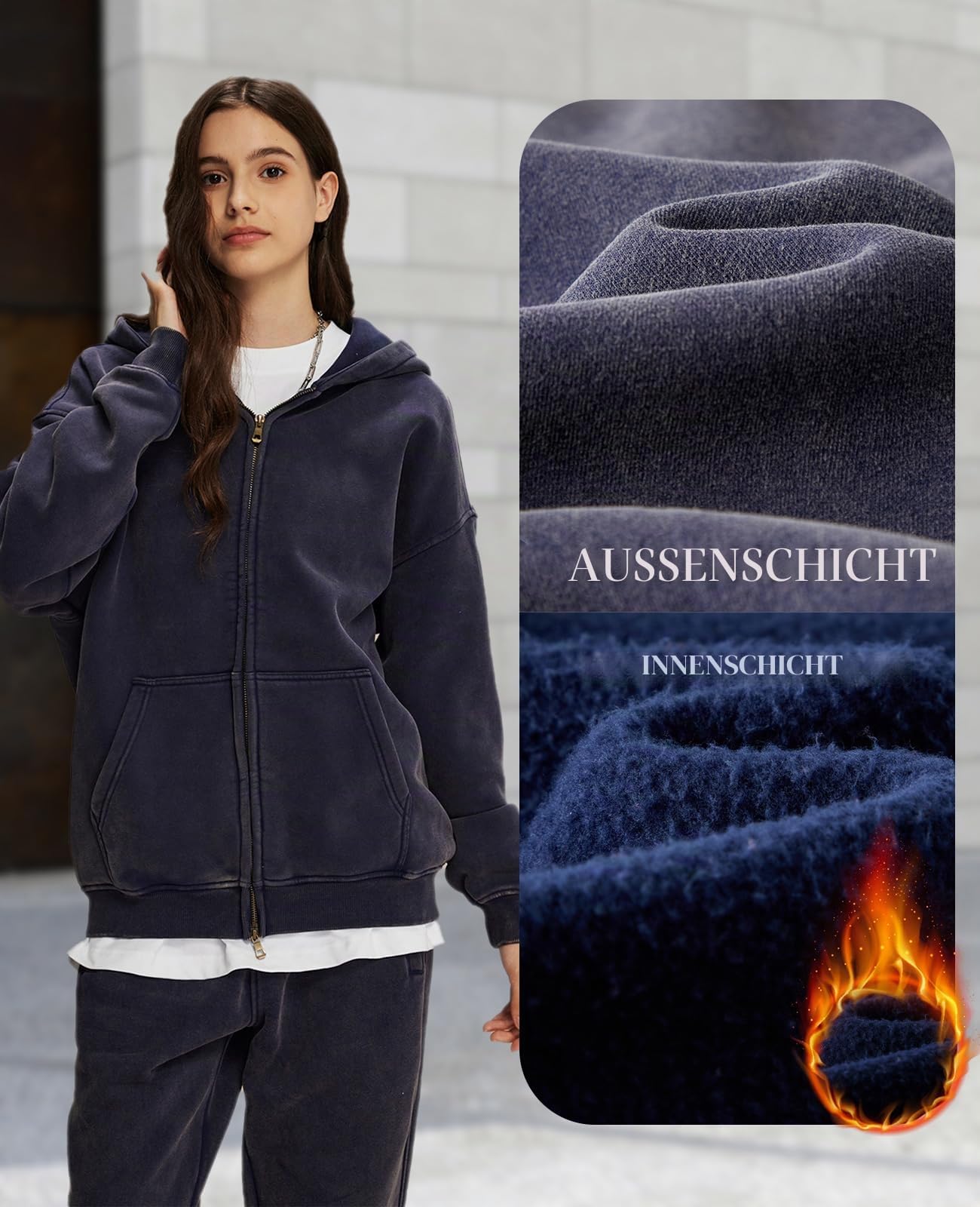 HOUZONIY Hoodie Damen Sweatjacke Kapuzenjacke Oversize Reißverschluss Fleece Sweatshirt Einfarbig Herbst Jacken Y2k Kapuzenpullover