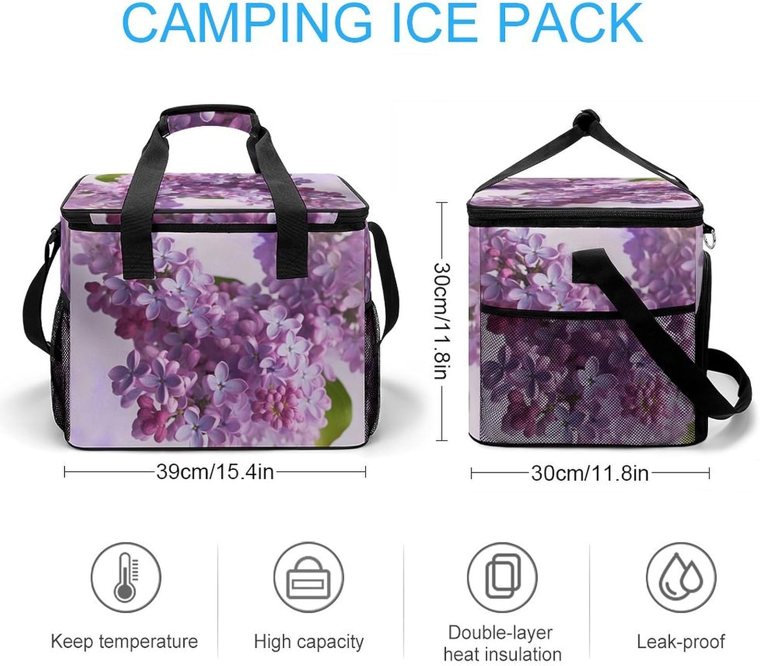 Insulated Picnic Backpack Tote Bag, Large Capacity 30L Lilac Flowers Cooler Bag Leakproof Beach Bags Portable Lunch Box Waterproof Picnic Basket for Beach Camping BBQ