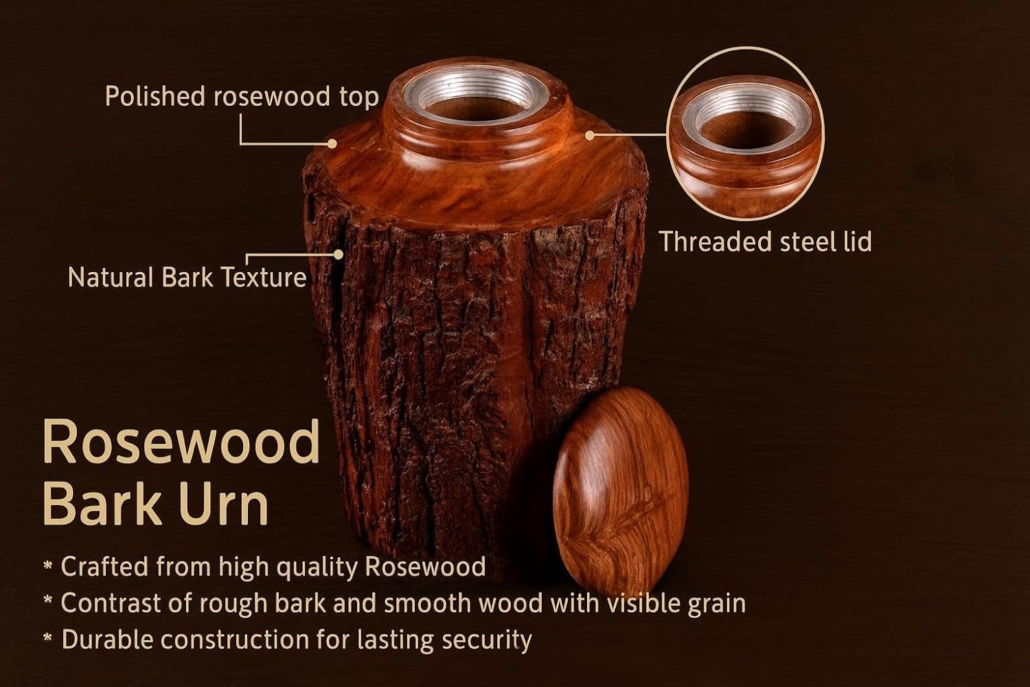 Medium Cremation Urn for Adult Ashes – 15 cu in – Rustic Rosewood Bark Wooden Memorial Urn – Handcrafted Funeral Jar for Human Ashes(Keepsake) - Image 9