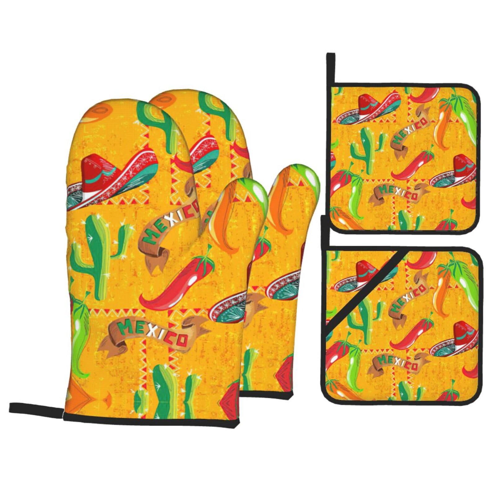 Cactus Hat and Chili Pepper Print Oven Microwaving Waterproof Kitchen Gloves for Baking Grilling Holiday Cooking