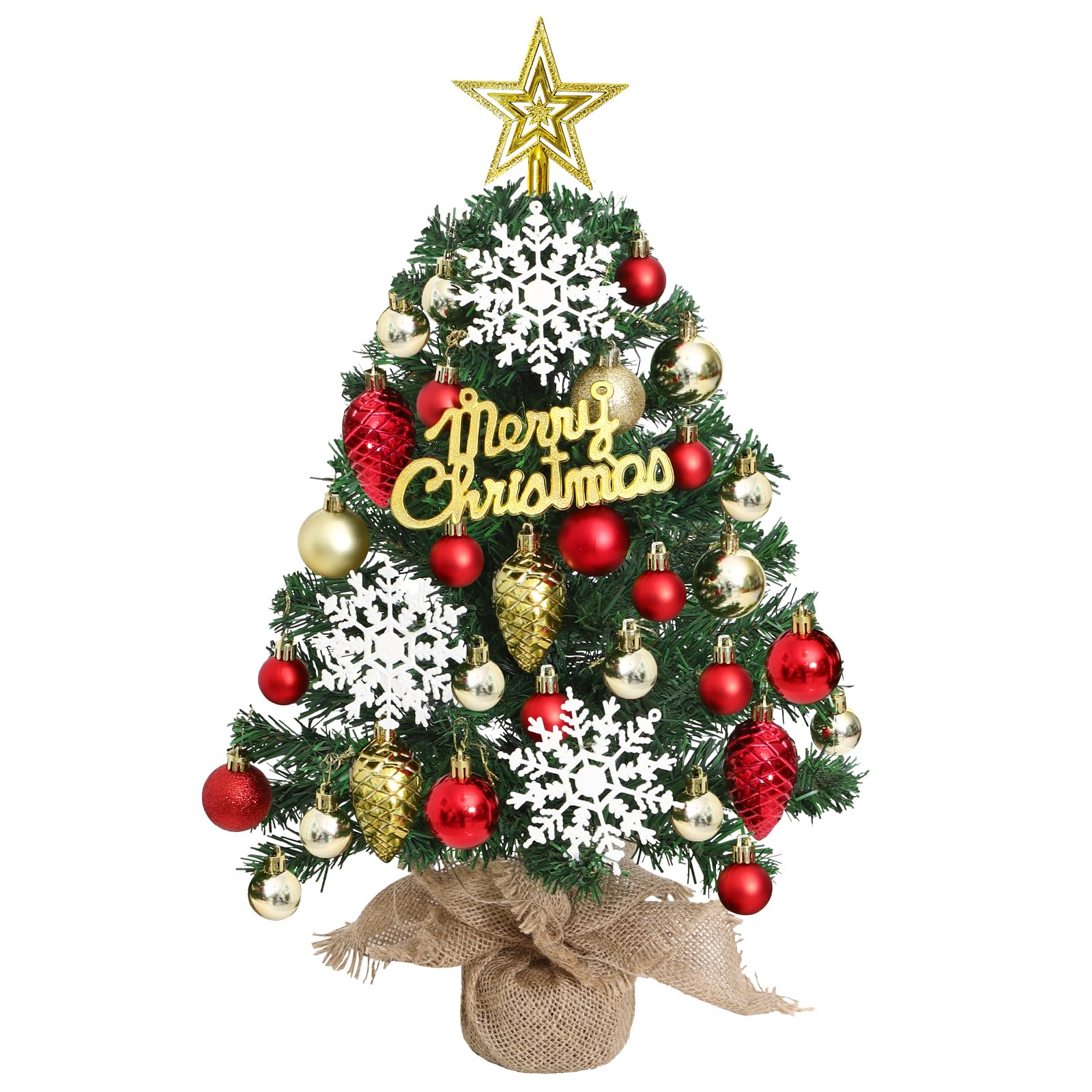 24Inch Little Prelit Christmas Tree Tabletop Christmas Tree Mini Christmas Tree with 30 LED Lights 30 Balls Ornaments Snowflakes Star Treetop Christmas Table Decor for Holiday Party