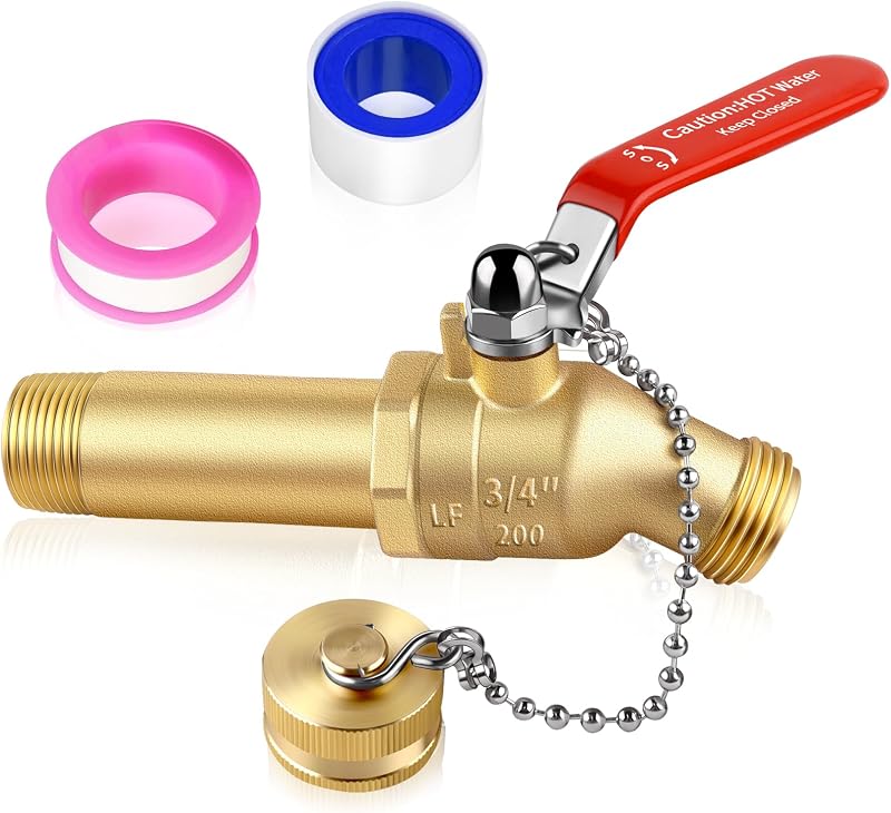 Full Port Water Heater Drain Valve, 3/4”NPT Inlet x 3/4”GHT Outlet Lead-Free Brass High Flow Hot Water Heater Tank Drain Valve with 3inch Shank, 180 Degree Handle (3 inch shank)