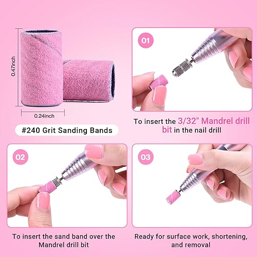 Miniatura 64 de MelodySusie 100 unidades de brocas de uñas, bandas de lijado para taladro de uñas, 120 bandas de lijado de lima de uñas de grano medio para uñas