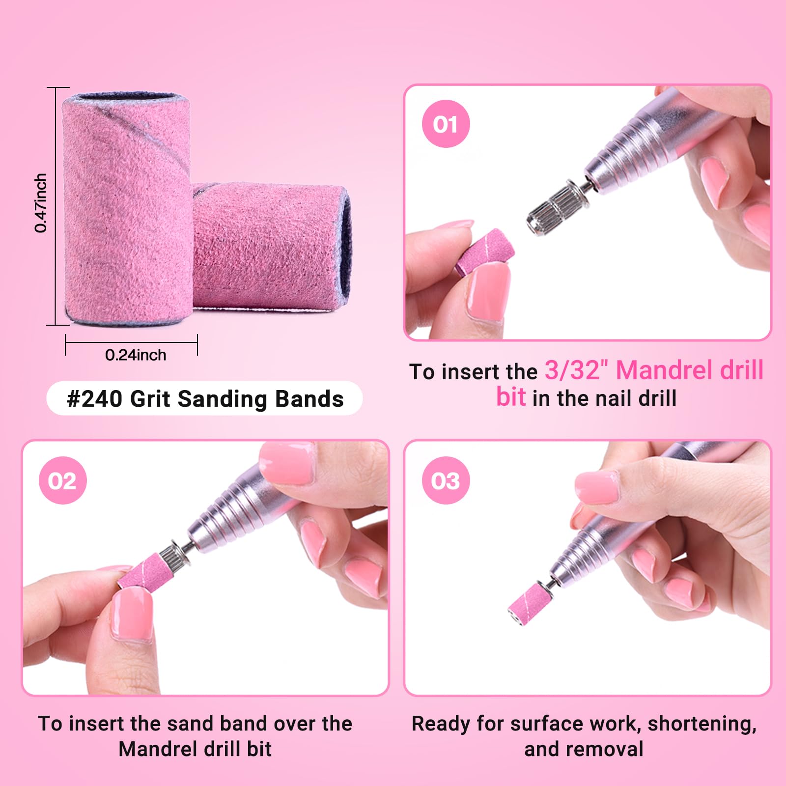 MelodySusie 100 Pcs Nail Drill Bits Sanding Bands for Nail Drill 240 Extreme Fine Grit Nail File Sanding Bands for Acrylic Nails Gel Manicures and Pedicure,Light Pink - Image 3