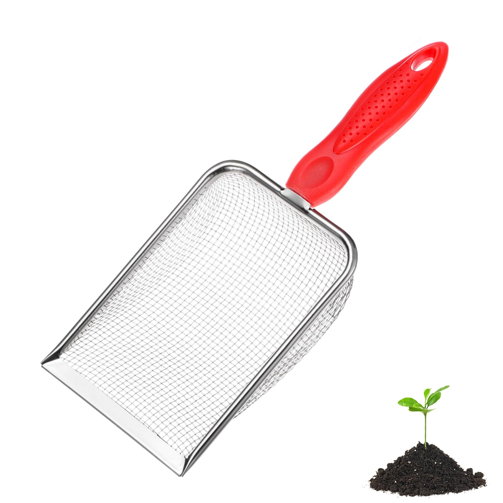M METERXITY 1-Pack Gardening Soil Sifter, 2.8 mm Mesh Stainless Steel Portable Gardening Sifter with Non-Slip Handle for Sand/Dirt/Rock/Compost [White, Red]