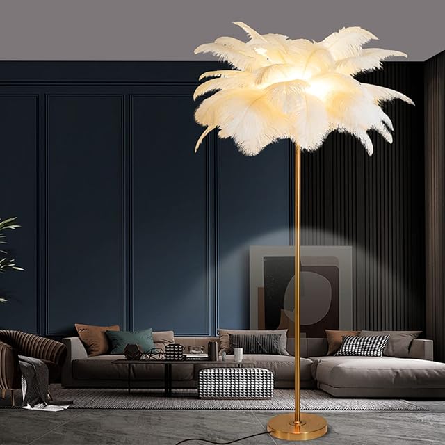 Ostrich Feather Floor Lamp, 1.6m Tall White Ostrich Feather Lamp, Simple Modern Living Room Bedroom Standing Lamp, Led Bedroom Lamp, Golden Lamp Body