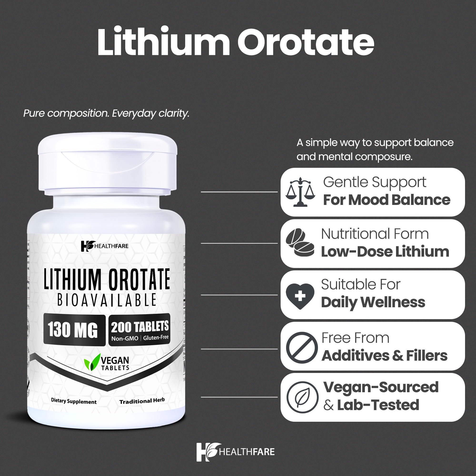 HealthFare Lithium Orotate Supplement 130mg | 200 Vegetarian Tablets | High Bioavailability Trace Mineral | Mood, Brain & Memory Support | Non-GMO, Gluten-Free | Made in USA — Amazon image 2