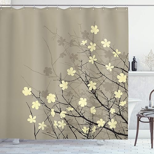 Miniatura 1 de Ambesonne Cortina de regadera, japonesa, diseño metafórico de flores orientales, juego de decoración de baño, de tela, con ganchos, 69 pulgadas de