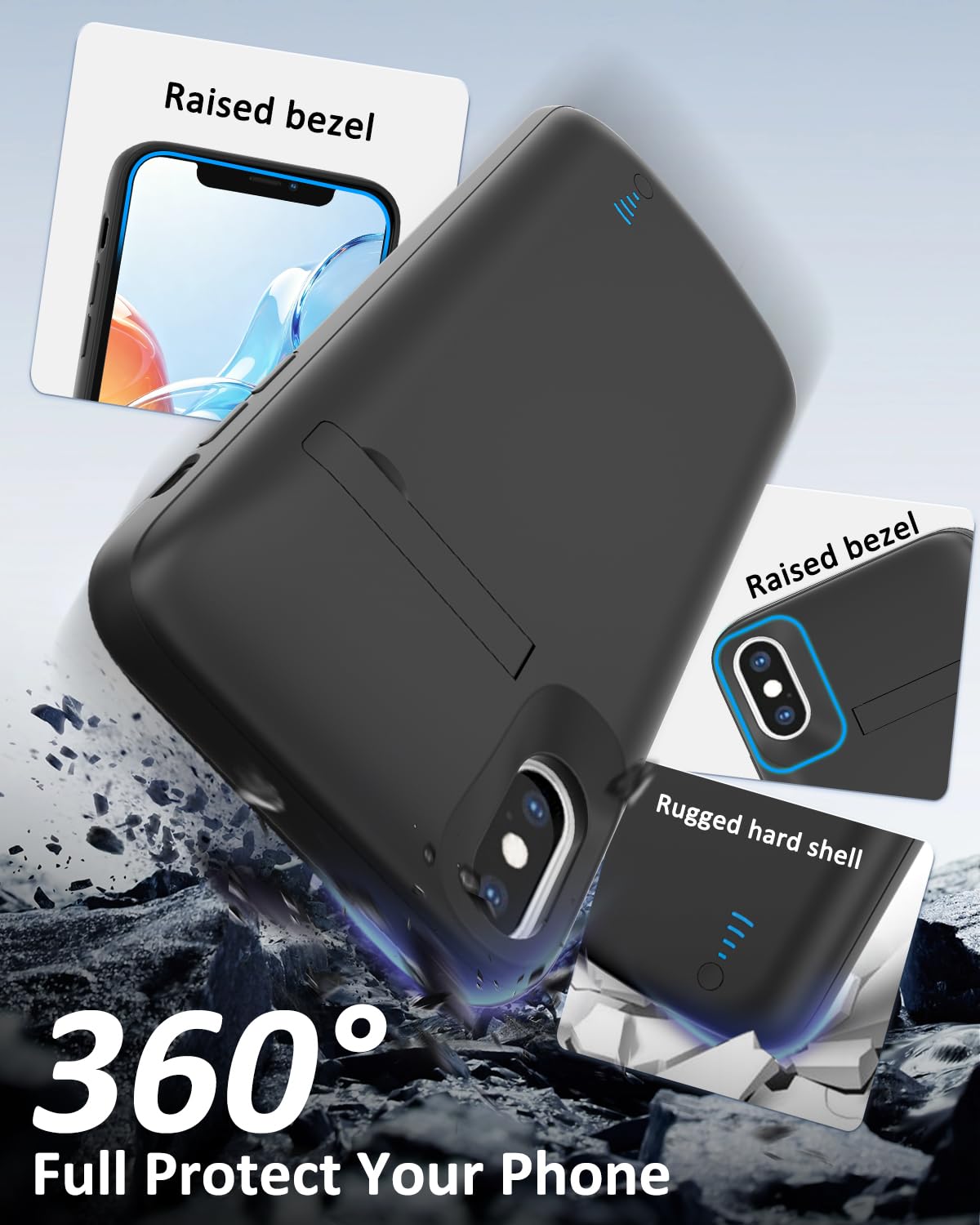 Funda con batería para iPhone X/XS, 6000 mAh, delgada, recargable, extendida, cargador de batería de respaldo con soporte, batería portátil para iPhone X/XS, color negro