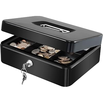 KYODOLED Large Cash Box with Removable Money Tray, Key Lock Metal Storage Box with 2 Keys & Portable Handle, Safe Cash Drawer, 9.84"x 7.87"x 3.54", Black Large