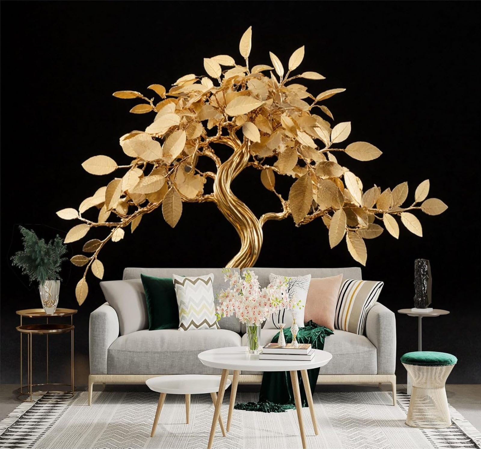 Xlming 250Cm×170Cm(B×H) Luxury Three Dimensional Golden Bonsai Trees Golden Leaves 3D Wallpaper Premium Textured Silk Study Dining Living Room Bedroom Sofa Tv Wall Easy Install-250Cm×170Cm