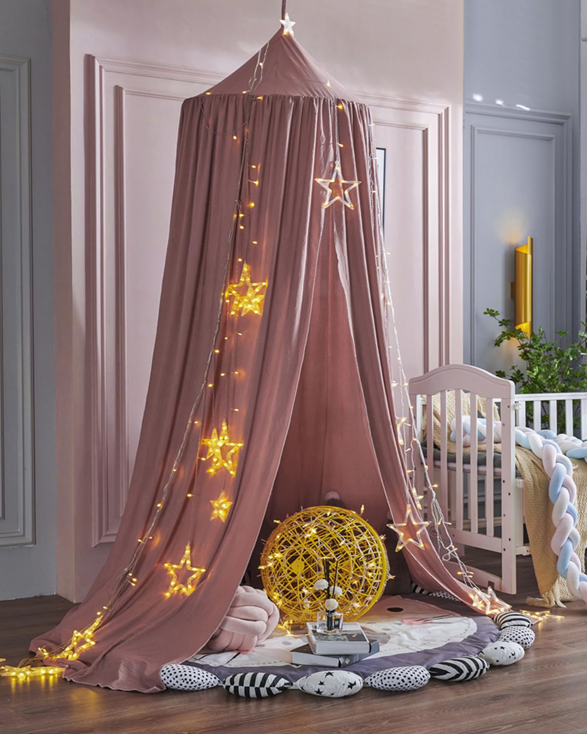 Surwin Moskitonetz Betthimmel Madchen Jungen Kinder Babybett, Rund Baldachin Mückennetz Einzelbett kinderzimmer Schlafzimmer Spiel für Reise Indoor Outdoor Dekoration - Dunkelpink