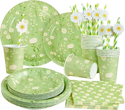 EASY JOY 80Pcs Daisy Birthday Party Tableware Paper Plates Cups Napkins Green Daisy Birthday Party Decoration Spring Floral Party Plates Set for Summer Garden Afternoon Tea Supplies-16 Guests