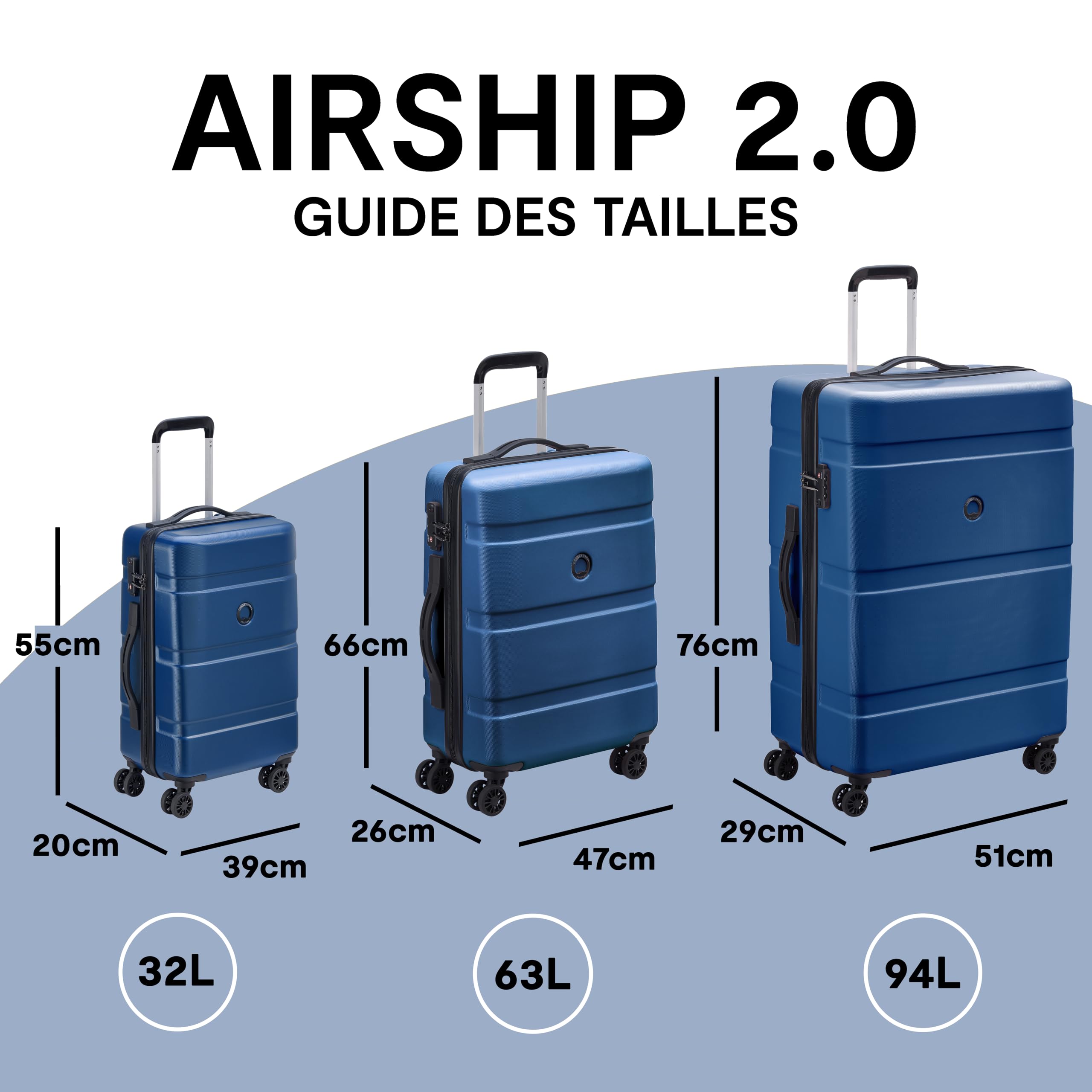DELSEY PARIS - Airship 2.0 - Valise soute Rigide 66x47x26 cm - 63 L - L - Bleu Clair