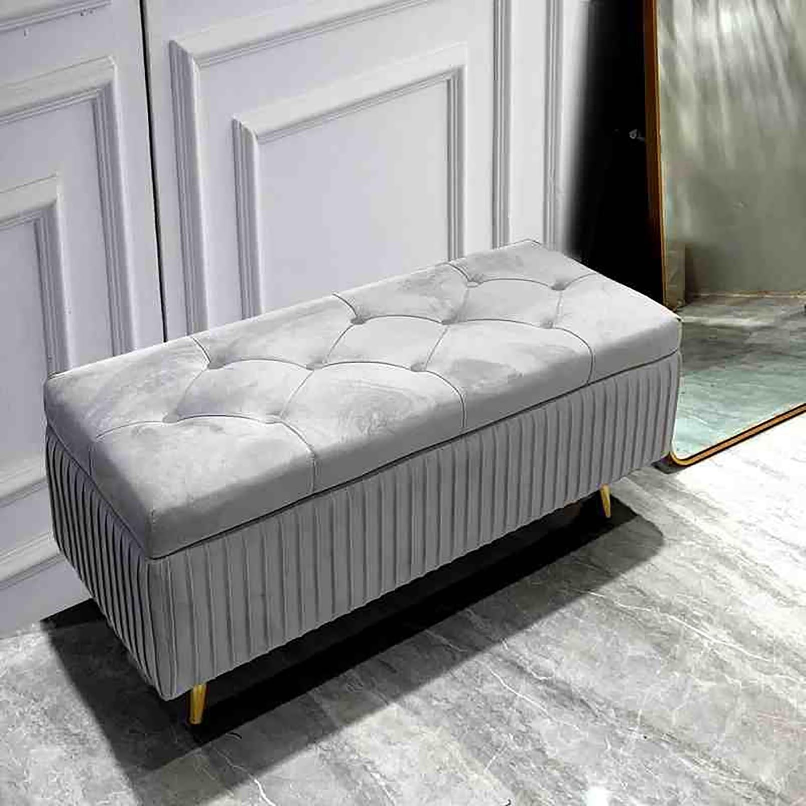 Banc de rangement pour chambre et salon pouf rectangulaire gris