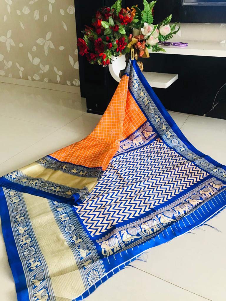 Shasmi Sari da donna in seta stampata con blusa Khadi 1 arancione blu e reale, Arancione e Blu Reale, taglia unica