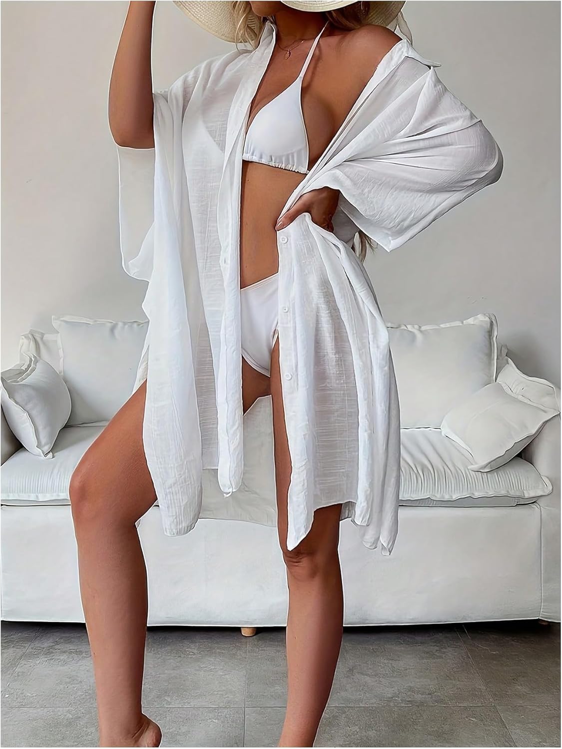 SHENHE Women's Swimsuit Cover Up Oversized Button Down Beach Shirt Bathing Suit Coverup Dress
