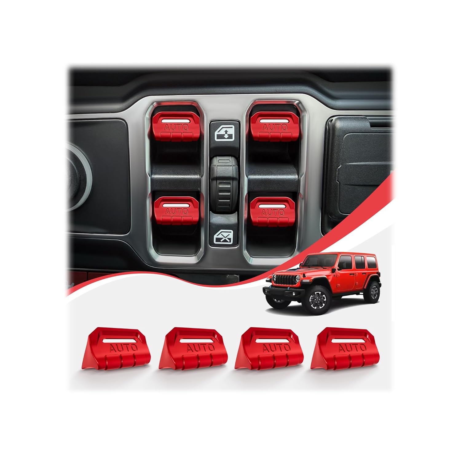 4-Piece Aluminum Window Switch Button Cover Set (Red) for 2018-2026 Jeep Wrangler JL/JLU & 2020-2026 Gladiator JT, Premium Alloy with Gloss Finish, Interior Upgrade Accessories