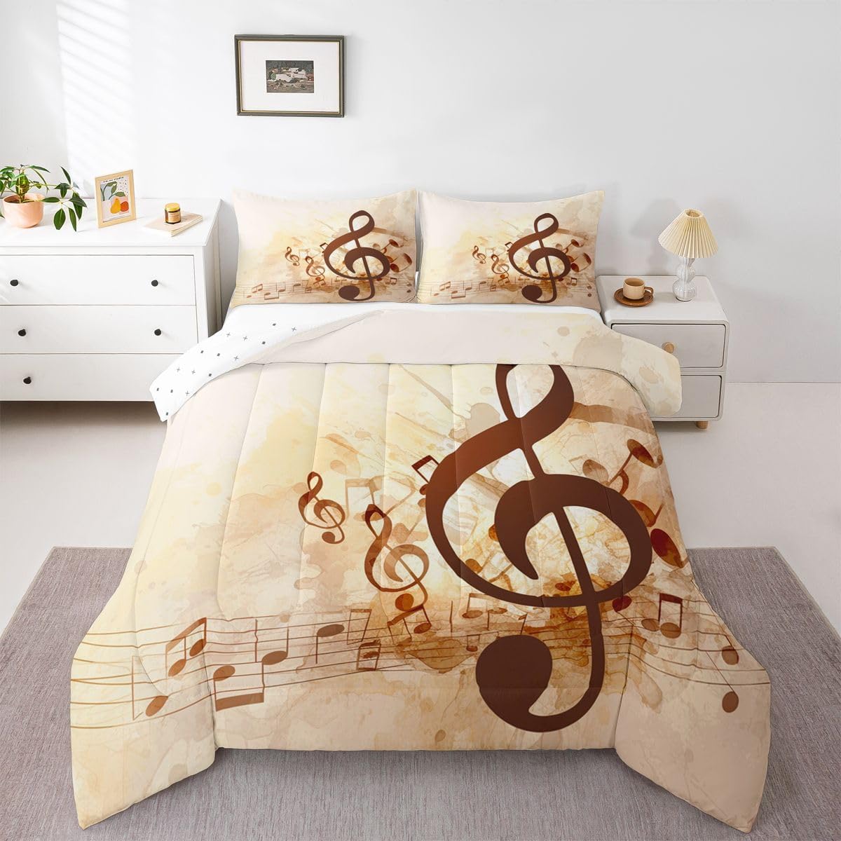 Erosebridal Musical Notes Comforter Set Twin, Retro Rotating Music Down Comforter for Kid Adult, Rock Music Grunge Style Quilted Duvet, Brown Tie Dye Warm Duvet Insert,Lightweight Reversible