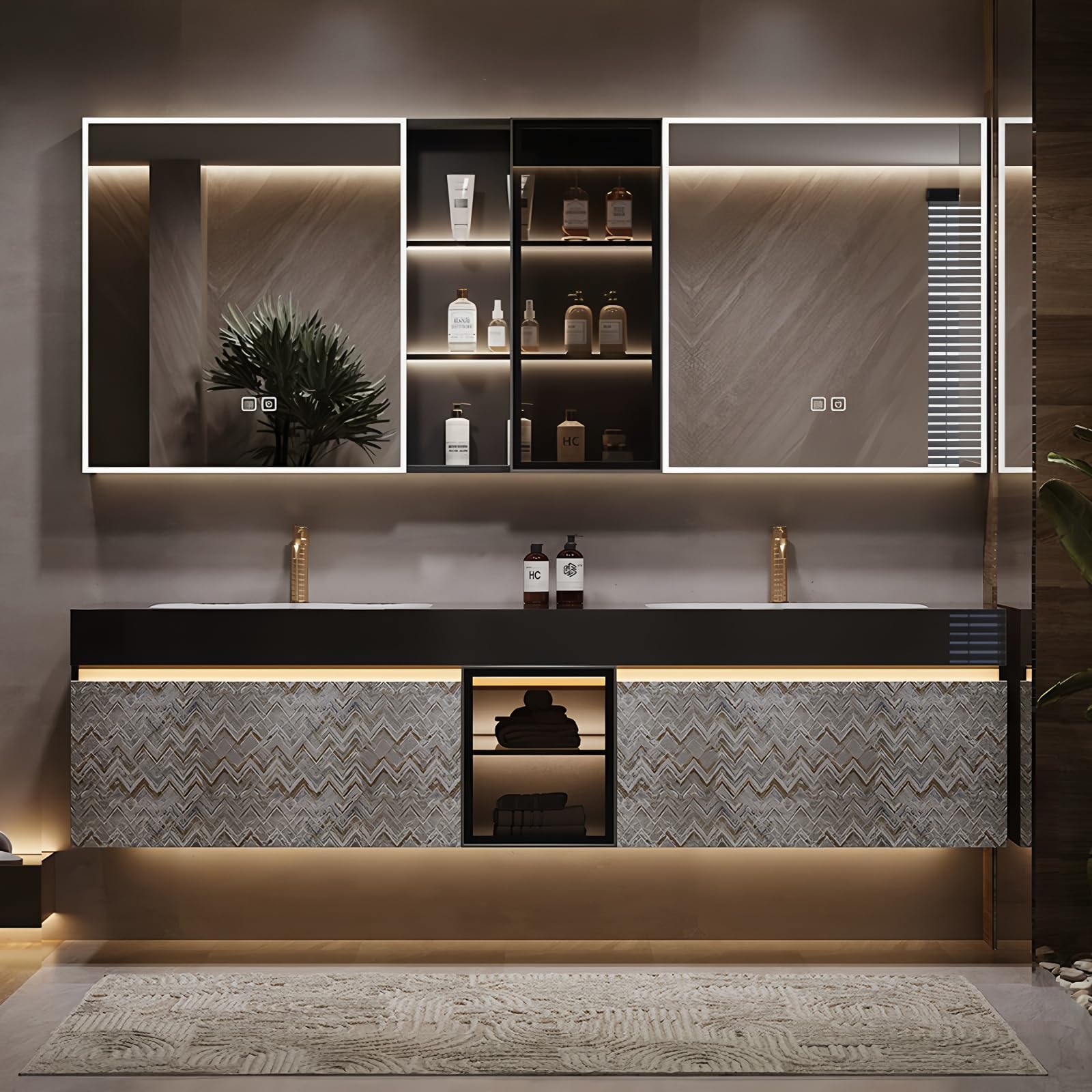 Moderno mobile da bagno doppio da 172,7 cm con lavabo sospeso design LED antiappannamento specchio mobile piano di lavoro in ardesia grigio modello – ideale per bagni contemporanei.