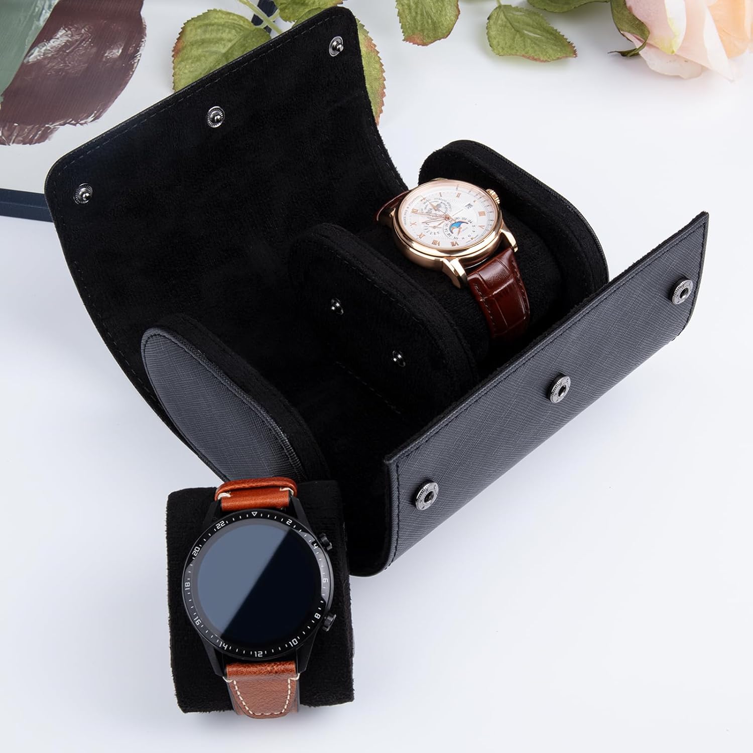 2 Slots Cylindrical Watch Case, Watch Roll Travel Case Vintage Watch Box for Men and Women - Black Upgrade Version
